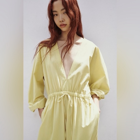 ZARA Drawstring Pistachio V Neck Long Sleeve Jumpsuit- NWT Size XS - Picture 4 of 13